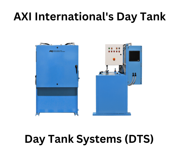 AXI International's Day Tank Systems (DTS) featuring blue industrial day tanks with control panels